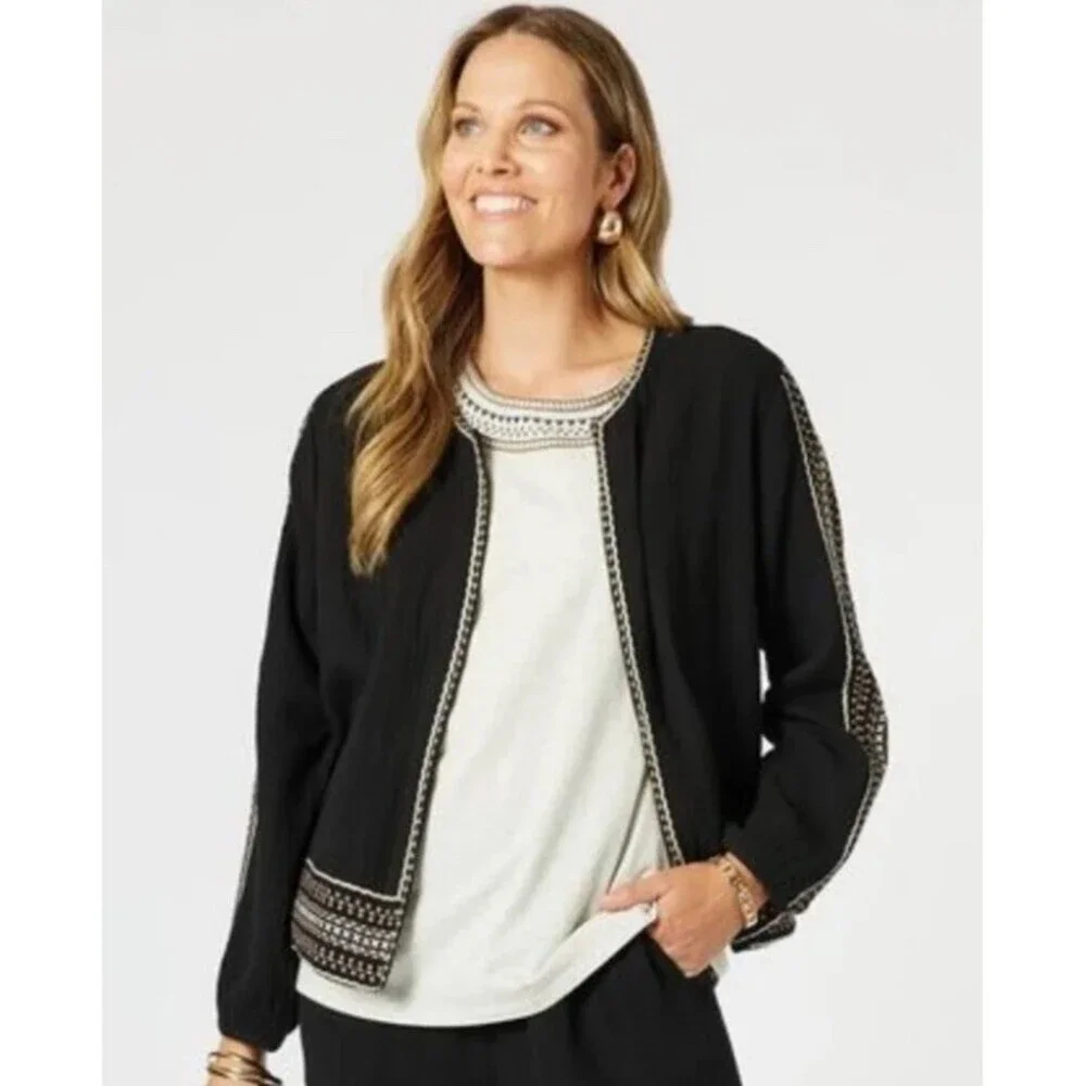 J Jill Black Cotton Gauze Jacket Open Embroidered Classic Boho Women’s Sz M